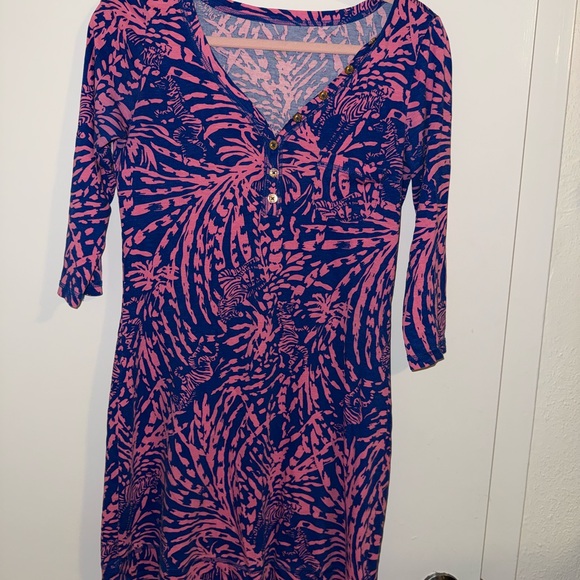Lilly Pulitzer 100% Pima Cotton Palmetto Blue and Pink Long Sleeve Dress - Picture 3 of 9